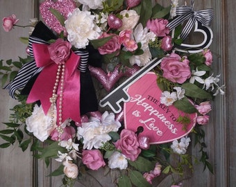 Herz Valentinstagskranz, rosa und schwarzer Valentinstagskranz, Valentinstagskranz, Valentinstagsdekor, Valentinstagsdekoration, französisches Land