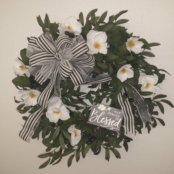 Magnolia Wreath, Olive Wreath, Simple Everyday Wreath, Ready to Ship, Elegant Wreath, Blessed Sign All Season Wreath, Religious wreath