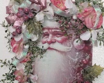 Pink Santa Wall Hanger, Santa Wall Hanging, Christmas Wall Hanger, Santa Picture, Santa, Holly Wreath, Pink Santa decor