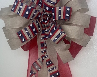 Patriotic Bow, Wreath Bow, 4th of July Bow, Fourth of July Bow, Independence Day Bow. Mailbox Decor. Lantern Bow, July 4th Decorations
