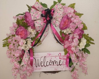 Flamingo Wreath, Pink Wreath, Summer Wreath, Wisteria Wreath, Peony Wreath, Beach Decor, Pink Wreath, Coastal Decor, Ready to Ship,