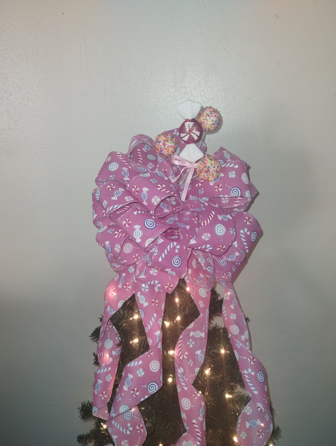 Large Christmas Bow, Candy Tree Topper, Candy Bow, Tree Top Bow, Pink