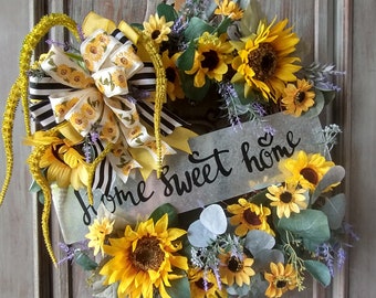 Sunflower Wreath, Summer Wreath, Fall Wreath, Lavender Wreath, Eucalyptus Wreath, Yellow Wreath, Autumn Wreath