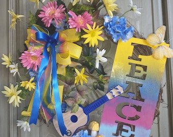 Hippy Wreath, Boho Wreath, Peace Wreath, Tie Dye, Bohemian Wreath, Wreath with Guitar, Mushroom Wreath, Daisy Wreath, Spring Wreath