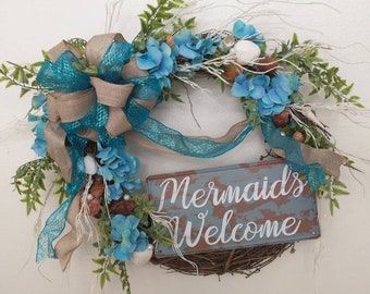 Blue Mermaid Wreath, Shell Wreath, Seashell Wreath, Beach Wreath, Ocean Wreath, Nautical Wreath, Welcome sign, Blue Wreath, Coastal Wreath