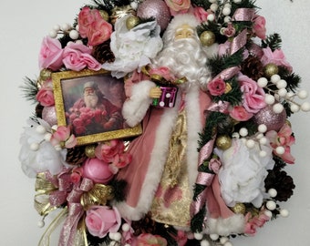 Pink Santa Wreath, Elegant Christmas Wreath, Gold Wreath, Pink Wreath, Pink Christmas Wreath, Door Wreath , Victorian Santa, Pink Christmas