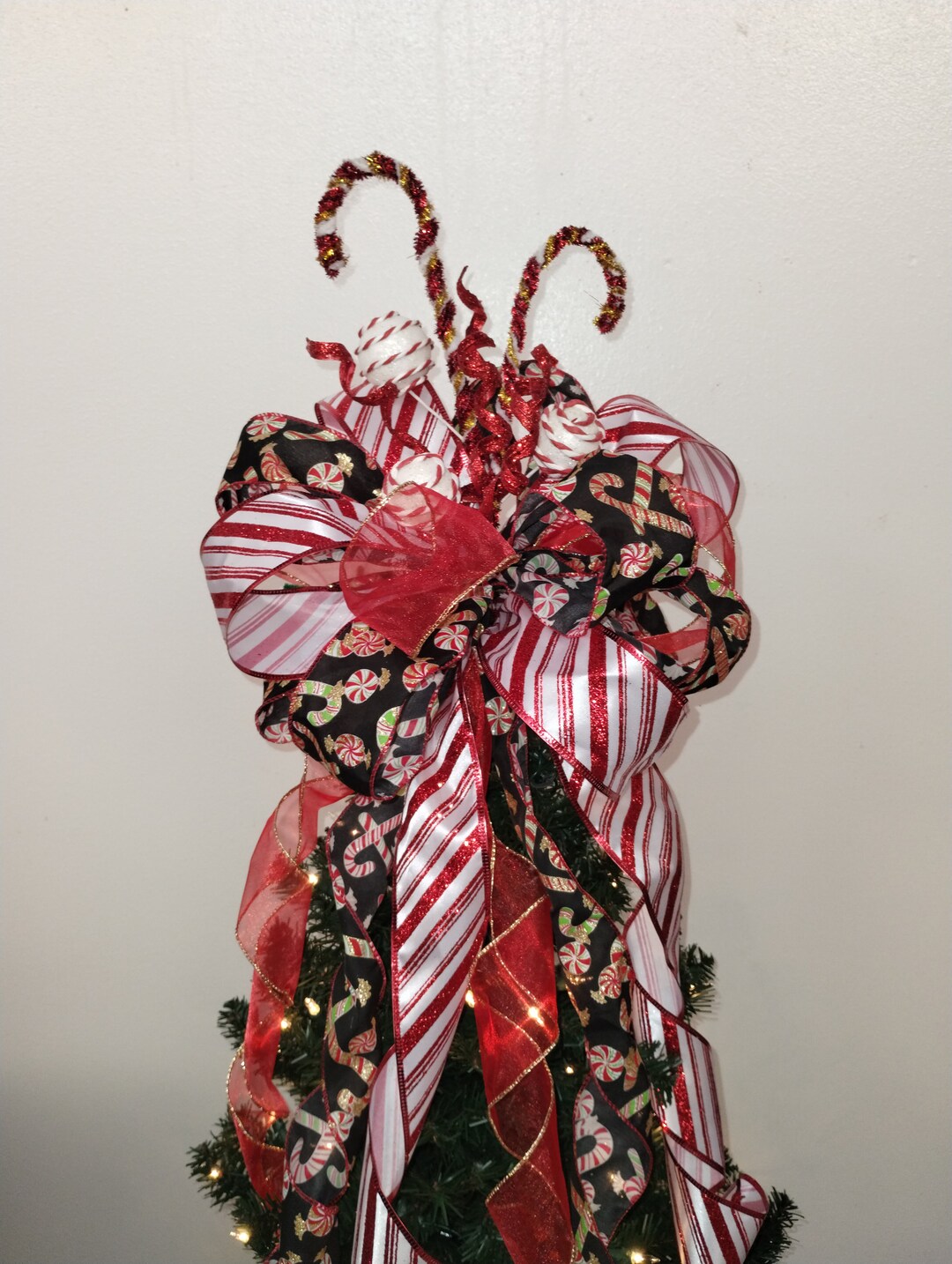 Large Christmas Bow Tree Topper Red Bow Candy Bow Tree Top Etsy
