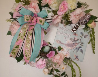 Spring Wreath, Bird Wreath, Pastel Wreath, Welcome Spring Wreath,Ready to Ship, Elegant Wreath, Door Wreath,Shabby Chic Decor