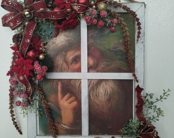 Adorno de pared de Papá Noel, adorno de pared navideño, imagen de Papá Noel, corona de Papá Noel, corona de flor de Pascua, corona de bayas, decoración vintage de Papá Noel