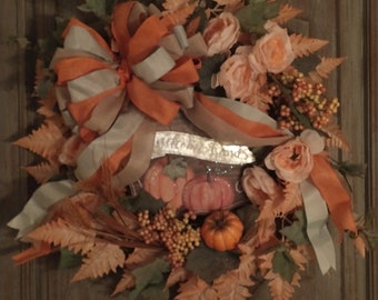 Fall Wreath, Autumn Wreath, Pumpkin Wreath, Fall Decor, Wreath, Pale Orange Wreath, Front Door Decor,  Halloween decor Ready to Ship