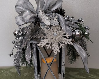 Winter Lantern, Lantern Table Decor, WinterCenterpiece, Silver Decor, Snowflake Decor, Winter Arrangement, Lantern Included