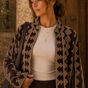 May include: A dark brown velvet jacket featuring a light tan geometric embroidered pattern along the front opening and cuffs, worn over a plain cream-colored top with three layered gold necklaces, including one with a small circular pendant.