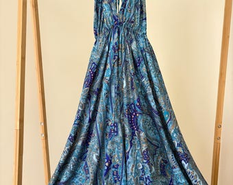Blue dress with open back, light and flowing boho chic dress, hippie maxi dress with gold details, floral print, a gift for her.