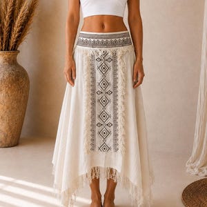 Maxi Boho Skirt in Cotton, Geometric Tribal Pattern, Fringe and Asymmetrical Hem, Ethnic Boho Style