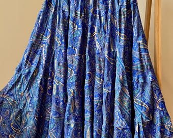 Wide skirt with paisley print, shades of blue with gold details, light Indian silk, one size, summer, bohemian style