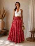Orange paisley boho maxi skirt, flowy coral maxi skirt, elastic waistband, boho chic skirt, floral pattern, summer outfit. product logo