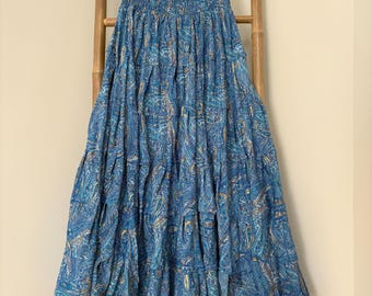 Long wide skirt, shades of blue with gold details, paisley print, Indian silk, one size, light summer skirt, bohemian style