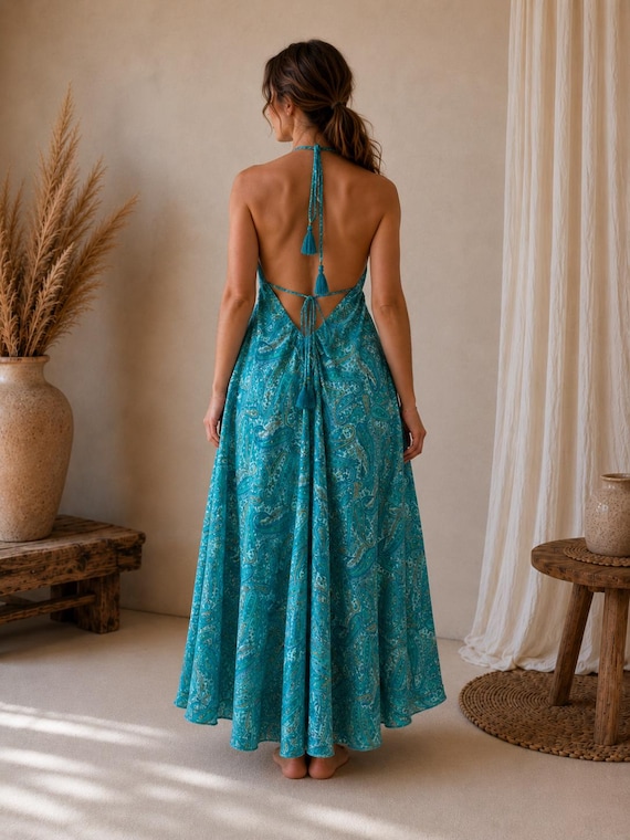 paisley backless dress Turquoise Maxi With Open Back, Halter Neckline and Print in a Boho Resort Style Selena Gomez Makes Rare dresses:party dresses Color:Lime_Green line shape
