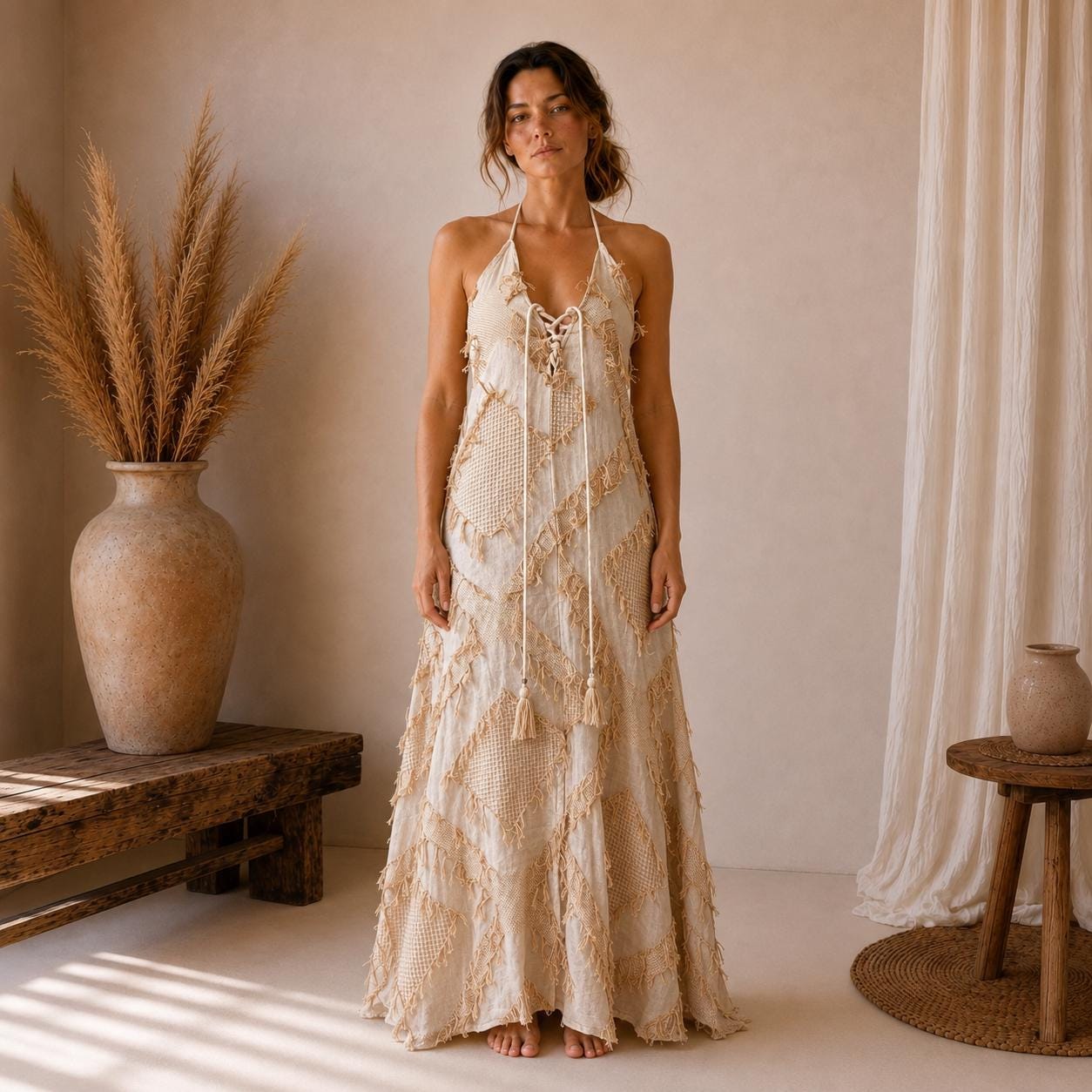 Maxi boho dress in 100% cotton with open back and fringe, white or beige.