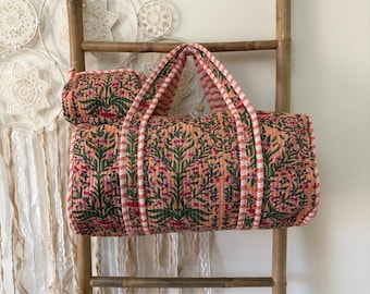 Floral cotton bag set, quilted travel bag with small pouch, duffle bag, bohemian chic style, summer bag, beach bag, gym bag