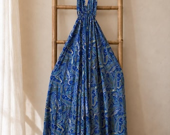 Vestido largo azul estilo bohemio, vestido con espalda descubierta y estampado paisley dorado, vestido largo de verano estilo indio.