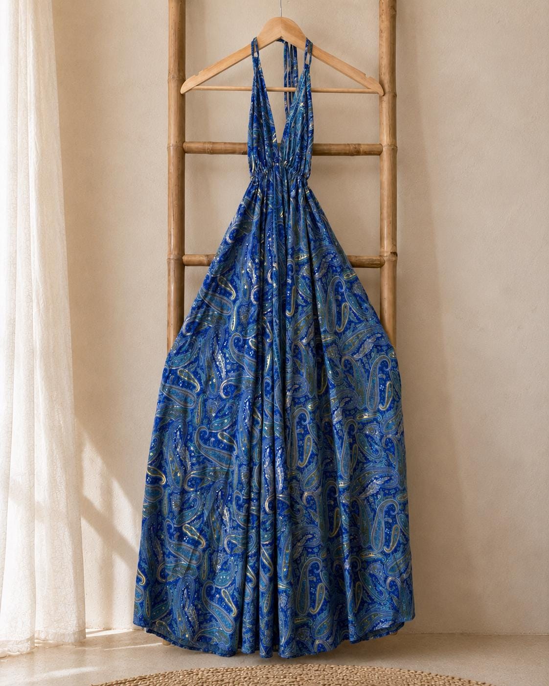 Flowy blue boho maxi dress, open-back dress with gold paisley pattern, long Indian-style summer dress