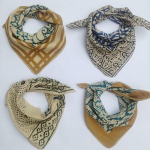 Set of 4 Handmade Block Print Bandana – 100% Cotton Scarf, Boho Head Wrap, Natural Dye Accessory