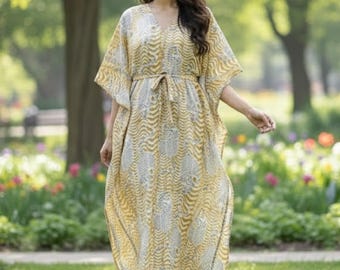 Robe caftan indienne à imprimé block, caftan ample pour femme, tenues de détente bohèmes, robe longue d'été