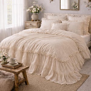 Natural Ruffled Duvet Cover Set with Pillowcases, French Country Bedding, Elegant Linen Bedding, Handmade Ruffle Bed Set