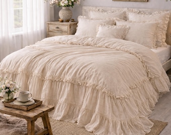 Natural Ruffled Duvet Cover Set with Pillowcases, French Country Bedding, Elegant Linen Bedding, Handmade Ruffle Bed Set