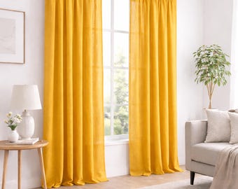 Mustar Yellow Linen Curtain Panel, Custom Size Curtains, Natural Linen Drapes, Farmhouse Window Curtain, Neutral Home Decor