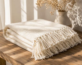 Soft Cotton Throw Blanket with Tassels, Woven Couch Throw, Farmhouse Sofa Blanket, Boho Home Decor