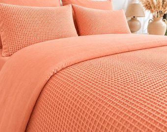 Soft Peach Waffle Texture Duvet Cover, Luxury Minimal Bedding Set, Soft Washed Cotton Quilt Cover, Scandinavian Bedroom Decor