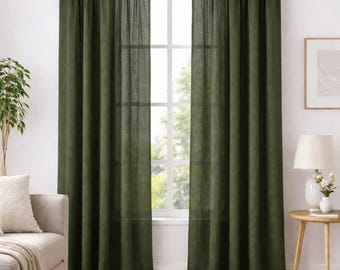 Dark Olive Green Linen Curtains Panels, Natural Linen Drapes, Farmhouse Window Curtains, Custom Size Linen Curtain Set