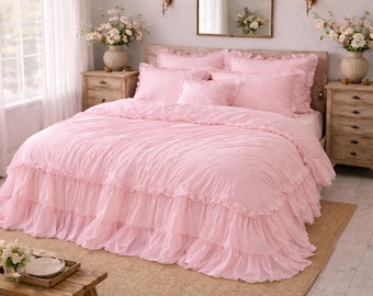 Loussiesd Ruffle Bedding Set, Super Soft Luxury Pink Washed Microfiber Duvet Cover Set, Shabby Chic Farmhouse Duvet Cover and Pillow Covers, Zipper Closure and Corner Ties, Bedroom Decor Loussiesd Ruffle Bedding Set, Super Soft Luxury Pink Washed Microfiber Duvet Cover Set, Shabby Chic Farmhouse Duvet Cover and Pillow Covers, Zipper Closure and Corner Ties, Bedroom Decor