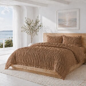 Erdiger, brauner, faltiger Baumwoll-Bettbezug, natürlich gewaschenes Bettwäsche-Set, weicher, atmungsaktiver Trösterbezug