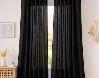 Black Linen Window Drapes, Custom Curtains, Neutral Linen Panels, Elegant Home Interior Decor