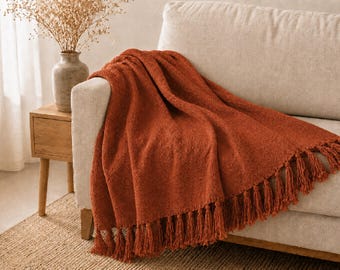 Manta de algodão cor ferrugem para sofá, manta leve, manta de algodão estilo fazenda, manta para cama, presente para ela, decoração para casa