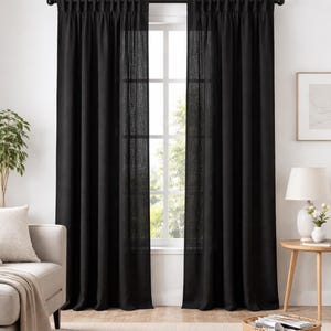 リネンカーテンパネル、ロッドポケット式ブラックリネンカーテン、ニュートラルカラーの窓用カーテン、ファームハウス風リネンドレープ、カスタムサイズカーテン