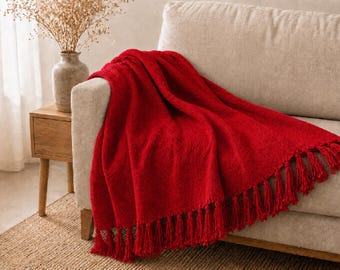 Manta de algodão vermelha de luxo, manta rústica tecida, manta decorativa para sofá, decoração de algodão feita à mão