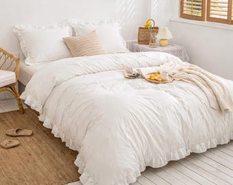 White Ruffle Cotton Duvet Cover Set with Pillowcases, Soft Breathable Bedding, Cottagecore Bedding, Boho Bed Linen