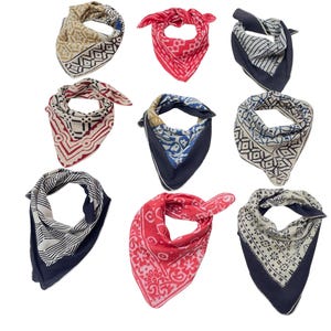 Boho Block Print Bandana Set of 9: Handmade Cotton Head Scarf