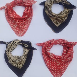 Set of 4 Rustic Block Print Bandana – Handmade Cotton Neck Scarf, Unisex Boho Accessory multicolor bandana