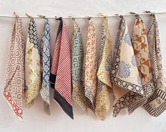 Conjunto de bandanas artesanais com estampa em bloco – Lenços de pescoço boho em algodão indiano