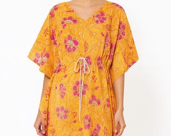 Vestido Kaftan de algodão com estampa floral amarela | Vestido com estampa feita à mão