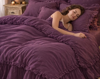 Purple Ruffle Linen Duvet Cover, Linen Bedding Set, Stone Washed Linen Quilt Cover, Rustic Bedroom Decor, Luxury Linen Bedding