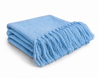 Sky Blue Cotton Blanket Gift, Handmade Throw Blanket, Soft Cotton Couch Blanket, Bed Throw, Cozy Home Decor
