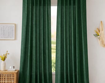 Cortinas de linho verde-escuro premium | Painéis sob medida | Cortinas elegantes em tons neutros | Decoração de janela moderna e rústica
