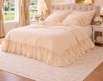 Natural Linen Ruffle Duvet Cover Set – Soft Washed Linen Bedding, Farmhouse Ruffled Bed Cover