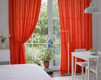 Tab Top Linen Drapes, Custom Linen Curtains Panels, Farmhouse Living Room Window Red Color Curtains